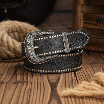 Ceinture de cowboy western en cuir synthétique – Ceinture pour homme avec décoration taureau gravée florale pour jeans