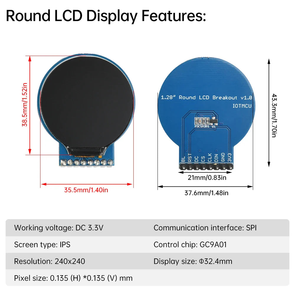 Carte de développement ESP8266 NodeMCU 6 000, 1.28 pouces, GC9A01, écran LCD rond TFT, micro USB EPS