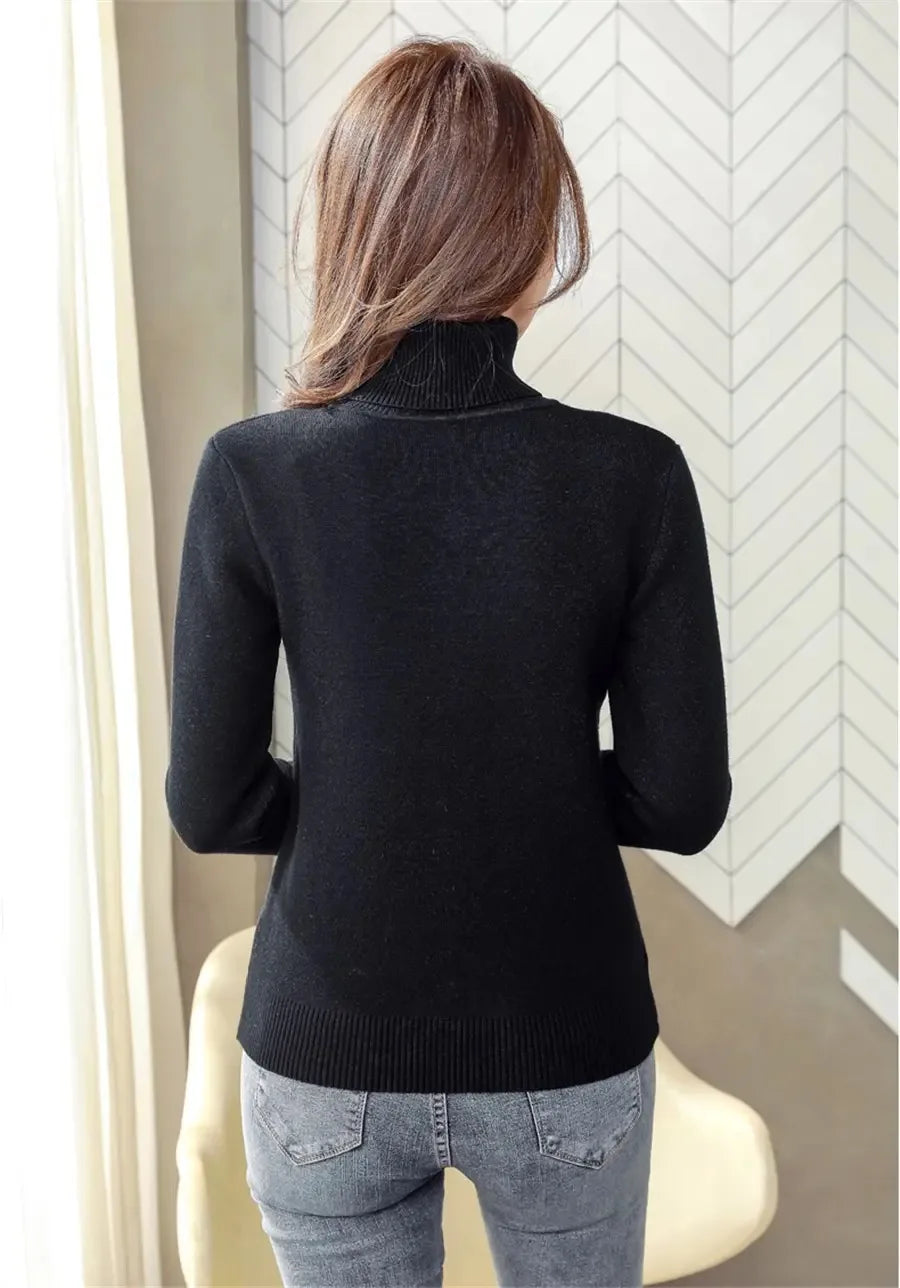 Turtleneck Winter Sweater Women Elegant Thicken Velvet Lined Warm Sueter Fleece Knitted Pullover Slim Top Jersey Knitwear Jumper