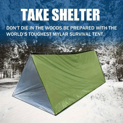 Tente d'urgence équipée d'une couverture isolante verte durable, résistante au froid et à la pluie, parfaite pour le camping et les activités de plein air