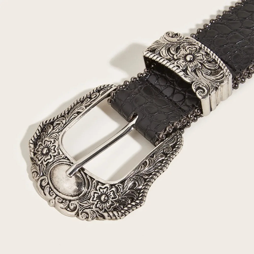 Ceinture Western en Cuir PU Femme Homme Cowboys Unisexe avec Boucle Métallique Gravée
