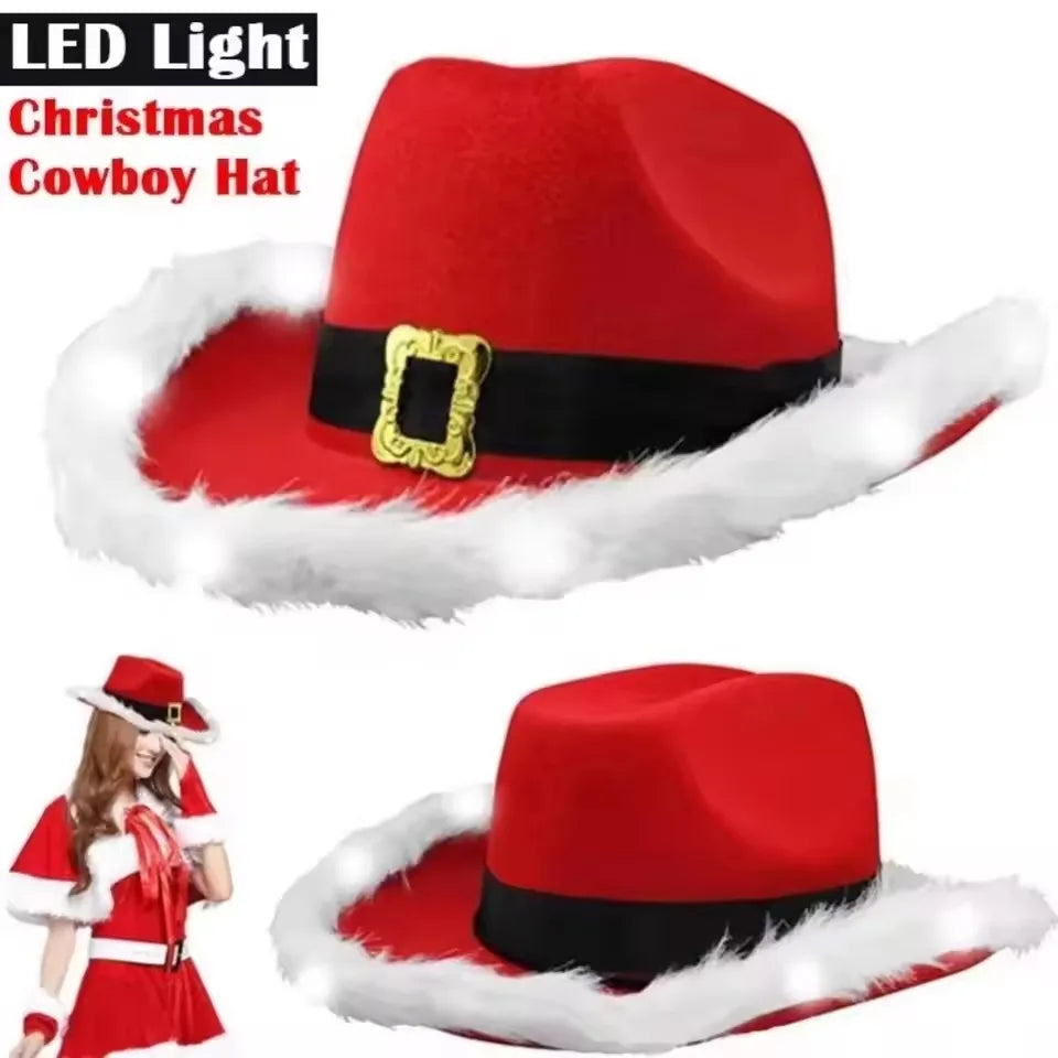 Chapeau de cowboy lumineux de Noël pour fête du Père Noël, chapeaux en feutre rouge occidental, chapeau de cowgirl à large bord, chapeau de jazz pour femmes et hommes