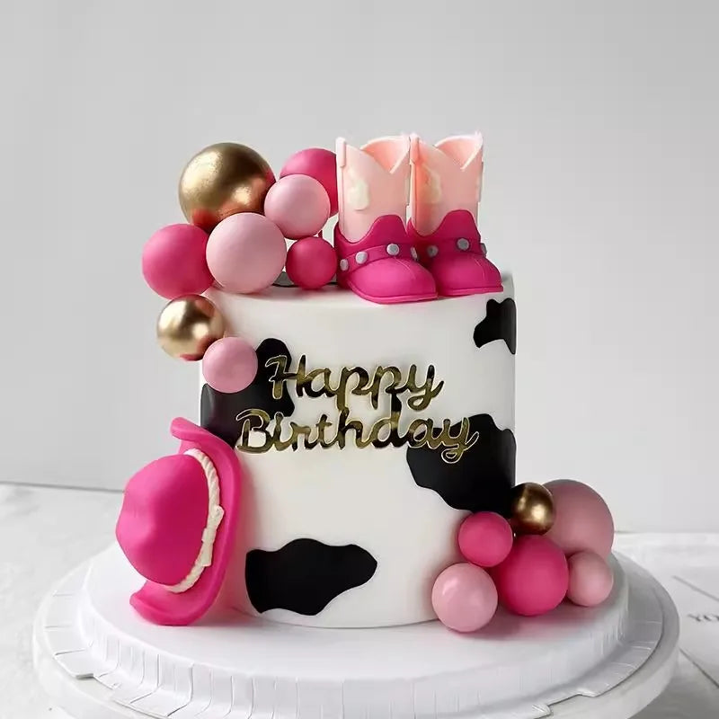 Chapeau de Cowboy rouge Rose, boules de bottes, décoration de gâteau, Cowboy de Cowgirl occidentale, décor de fête prénatale d'anniversaire, fournitures à thème de ferme occidentale