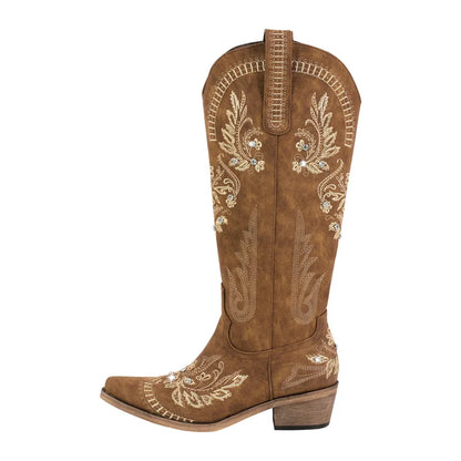 Bottes de cowboy blanches brodées Onlymaker pour femmes, à talon bloc, bout pointu, ornées de cristaux, style cowgirl.