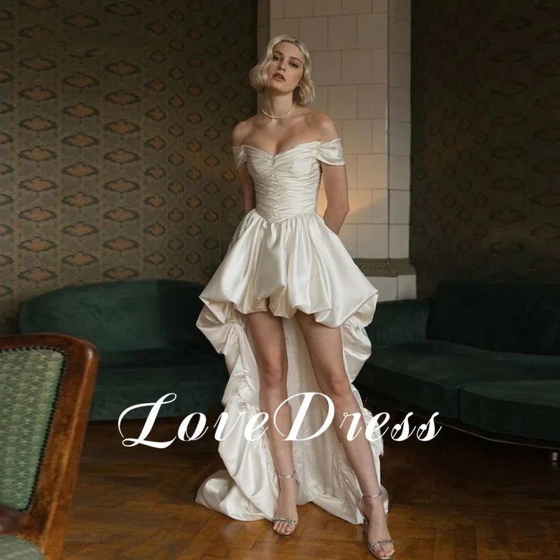 Vintage High/Low Satin Wedding Dresses Simple Off the Shoulder Sleeveless Beach Strapless Bridal Gown Sexy Backless Customized