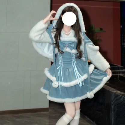 NONSAR-Ensembles de robes Lolita Kawaii japonaises pour femmes, châle à capuche, nœud, mini robe à bretelles, style coréen, doux, rouge, Noël, nouvel an imbibé