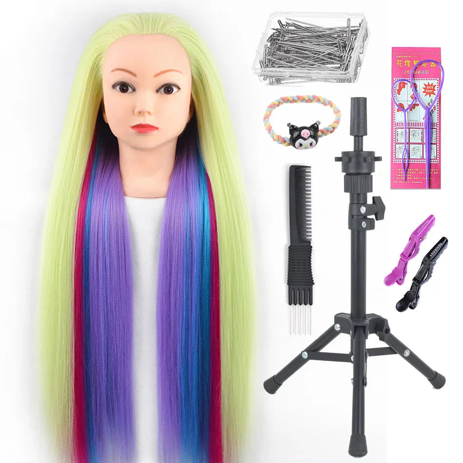 Tête de mannequin à cheveux longs synthétiques avec support de trépied de perruque réglable Modèle avec tête de mannequin Formation de coiffeur coiffant