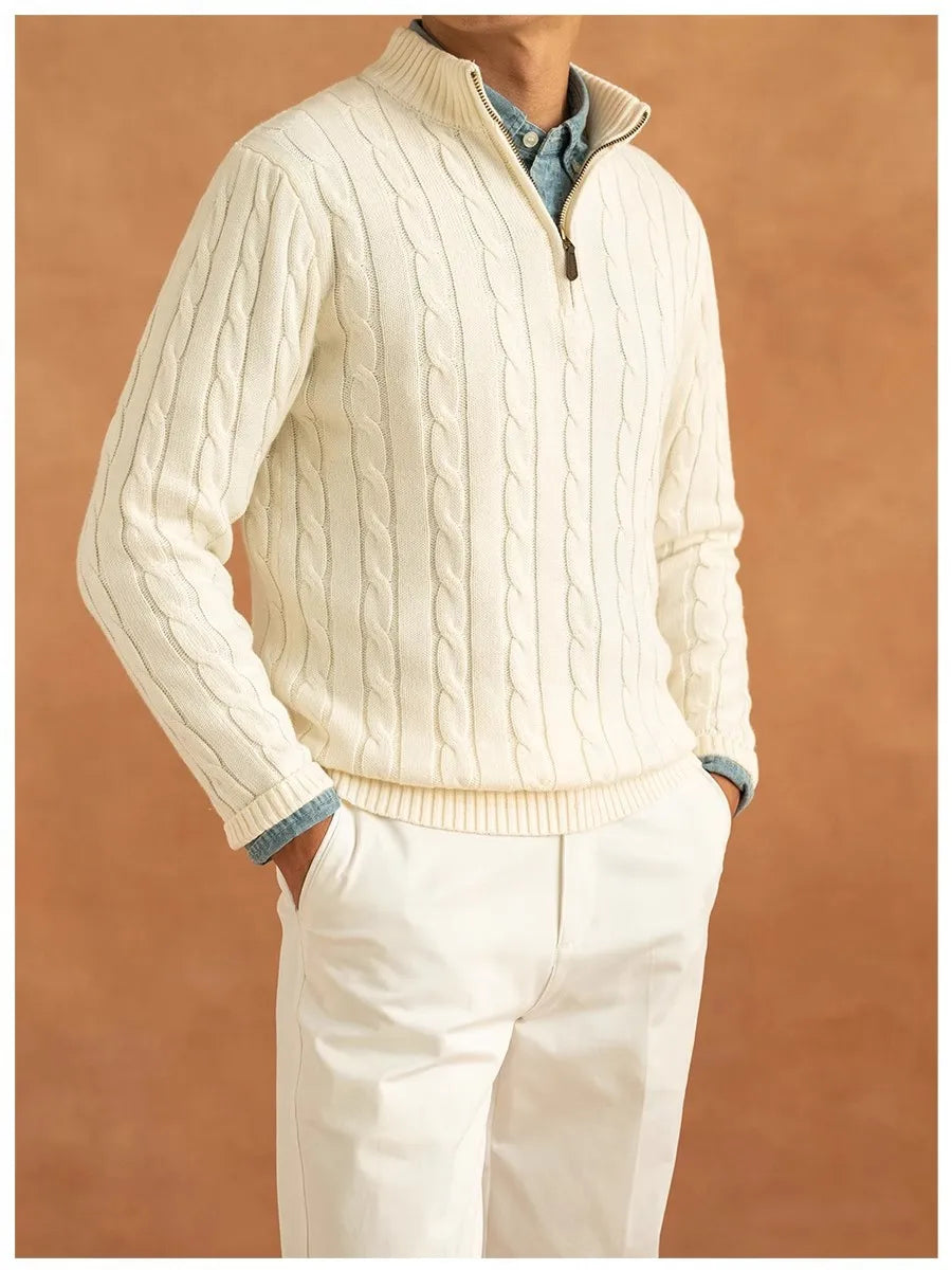 Men's Luxury Leisure Knit Mock Turtleneck Zipper Pullover Sweater Streetwear Retro Solid Long Sleeve Popular Jacquarded Knitwear
