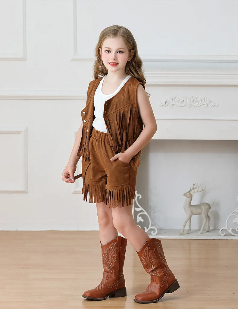 Costume de Cowboy pour filles, gilet à franges, Style bohème rétro, short en Denim occidental en velours pour filles, Costume Hippie