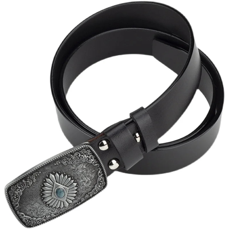 Ceinture classique en cuir véritable avec boucle émail saphir et motif floral sculpté en argent pour femmes et hommes, cadeau