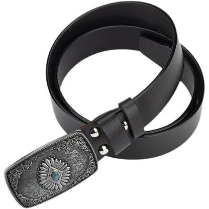 Ceinture classique en cuir véritable avec boucle émail saphir et motif floral sculpté en argent pour femmes et hommes, cadeau