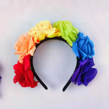Simulation Rose Headband with Rainbow Ribbon Carnival Hair Accessories Festival Decorative Hairband Party Supplies Cosplay Props