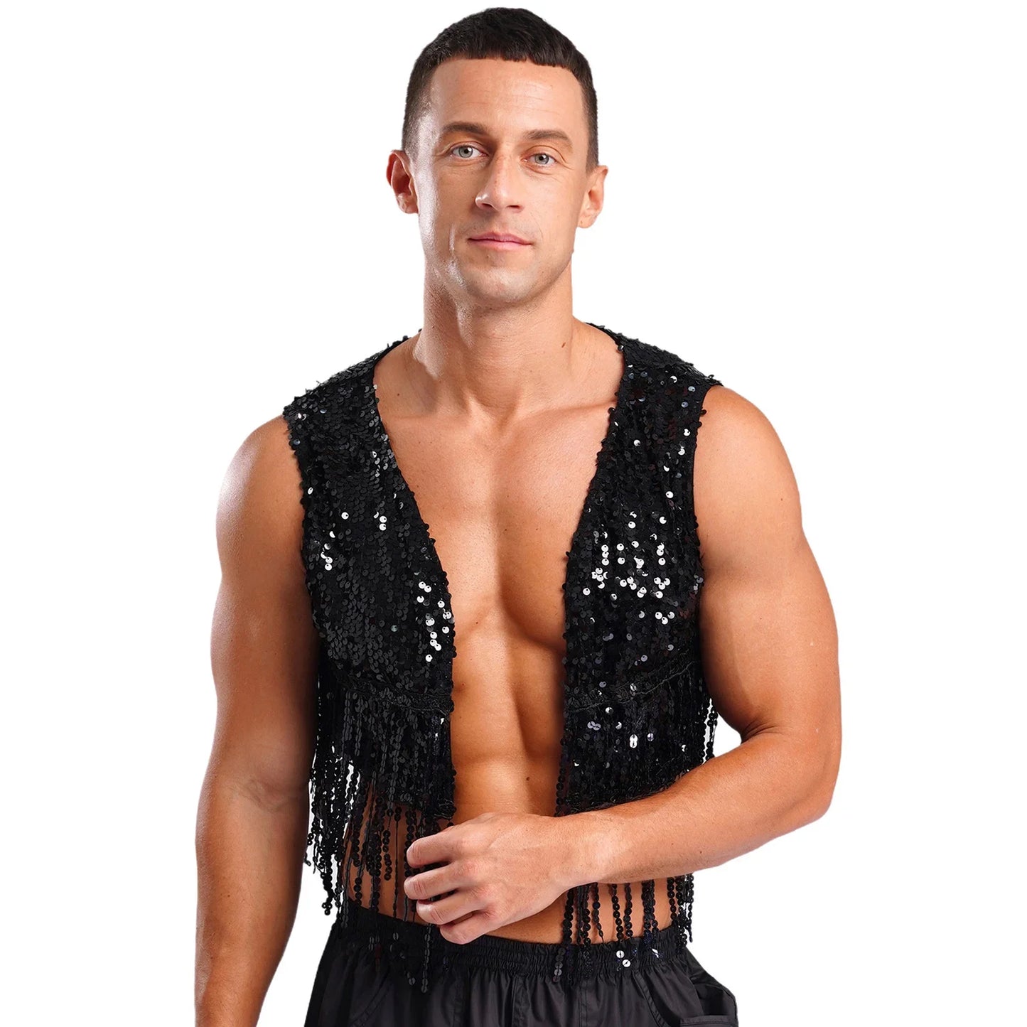 Mens Cowboy Western Costume Shiny Vintage 70s Disco Costumes Fringe Sequin Waistcoat Sleeveless Open Front Cropped Vest Cardigan