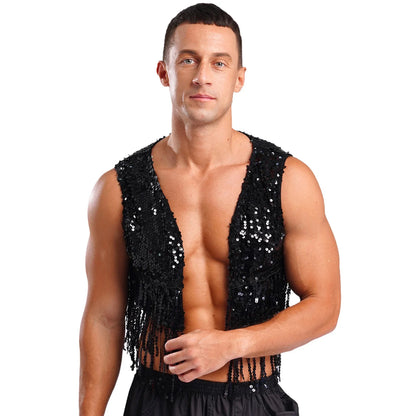 Mens Cowboy Western Costume Shiny Vintage 70s Disco Costumes Fringe Sequin Waistcoat Sleeveless Open Front Cropped Vest Cardigan