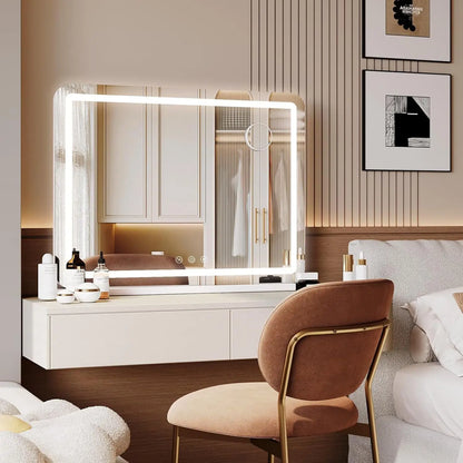 Miroir de maquillage avec éclairage LED 80x60 cm, grand miroir de la Confédération avec USB et type C, loupe 10x, indicateur de température 3 couleurs