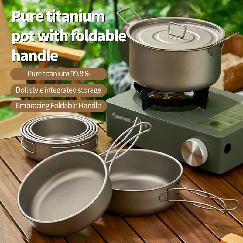 Vaisselle de Camping en plein air, ensemble d'ustensiles de cuisine en titane, marmite, poêle à frire avec poignées pliables, pique-nique cuisine randonnée Trekking