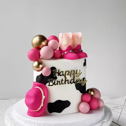 Chapeau de Cowboy rouge Rose, boules de bottes, décoration de gâteau, Cowboy de Cowgirl occidentale, décor de fête prénatale d'anniversaire, fournitures à thème de ferme occidentale