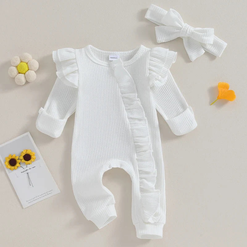 FOCUSNORM 0-12M Autumn Infant Baby Girls Boys Jumpsuit 2pcs Solid Color Round Neck Ruffles Long Flying Sleeve Zipper Jumpsuits