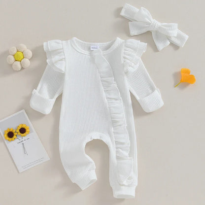 FOCUSNORM 0-12M Autumn Infant Baby Girls Boys Jumpsuit 2pcs Solid Color Round Neck Ruffles Long Flying Sleeve Zipper Jumpsuits
