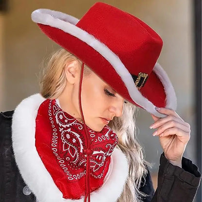 Chapeau de cowboy de Noël lumineux tendance, chapeau de jazz de cowgirl en feutre rouge à large bord pour hommes et femmes