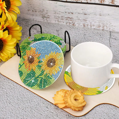 6Pcs DIY Diamond Painting Coasters Mandala Flowers 5D Full Drill Diamond Art Non Slip Coasters with Holder Ideal Christmas Gift