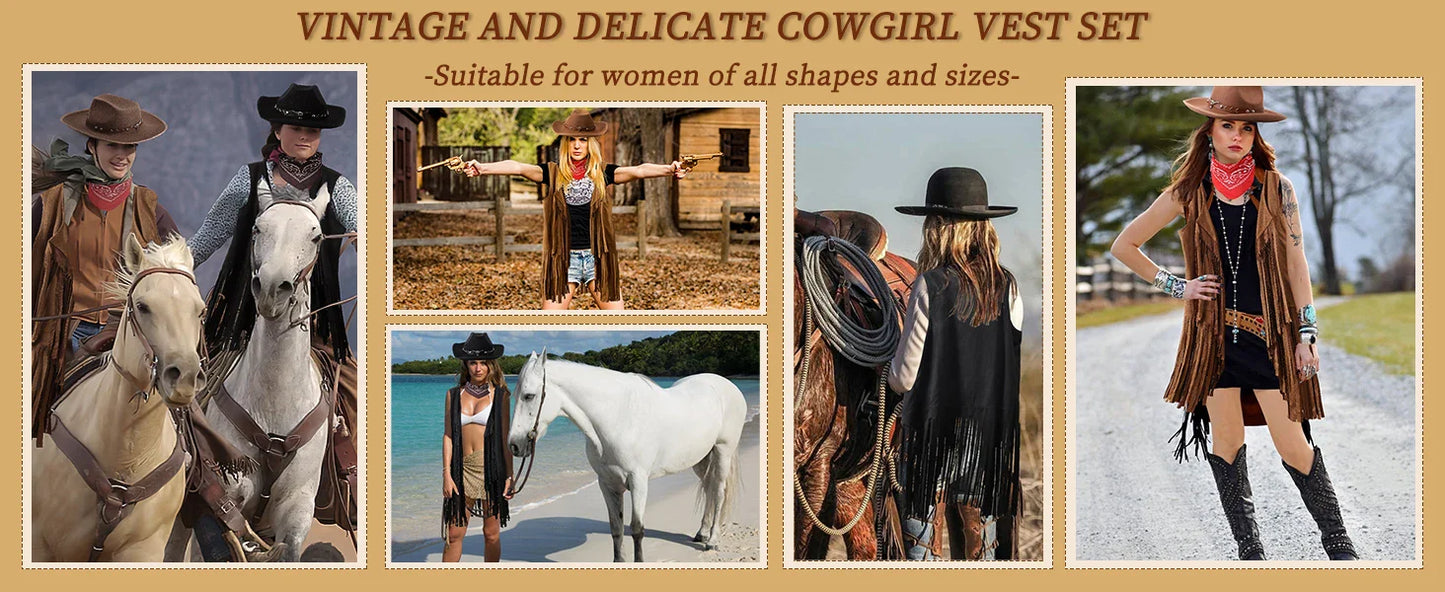 Women's Cowgirl Costume 3 Pcs Faux Suede Fringe Vest with Rivets Cowboy Hat Carnival Party Outfit Clubwear