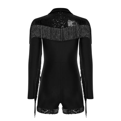 Womens Sequins Western Cowgirl Cosplay Costume Tassel Fringe Boyshorts Rompers 70s 80s Disco Bodysuit Front Zip Playsuit