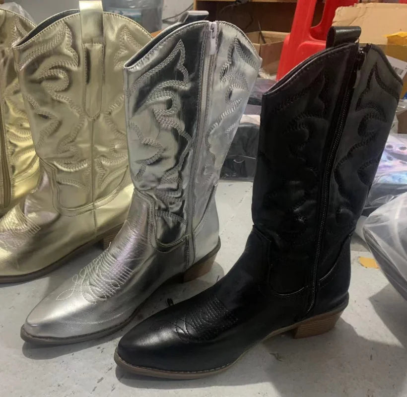 Cowboy Western Boots for Women Shiny Metallic Women's Embroidery Knee High Stiletto Pointed Toe Pink Shoes For Dropshipping