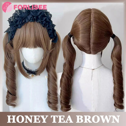 Pink Blonde Highlights Long Wavy Wig Synthetic Colorful Lolita Cosplay Hair Wigs with Bangs for Women Heat Resistant Daily Use
