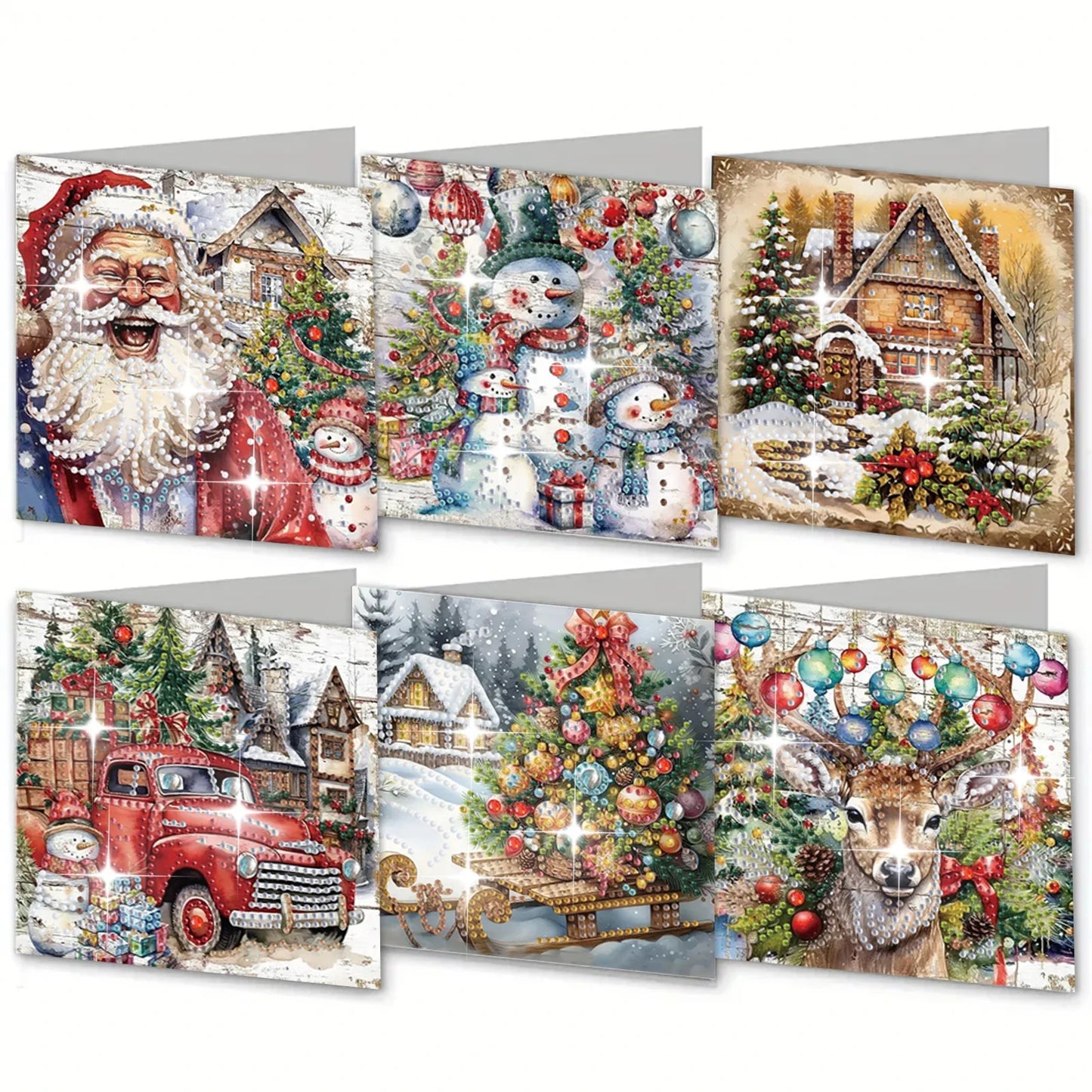 6 DIY diamond paintings Christmas-themed paper greeting cards with diamond stickers are perfect for family gatherings