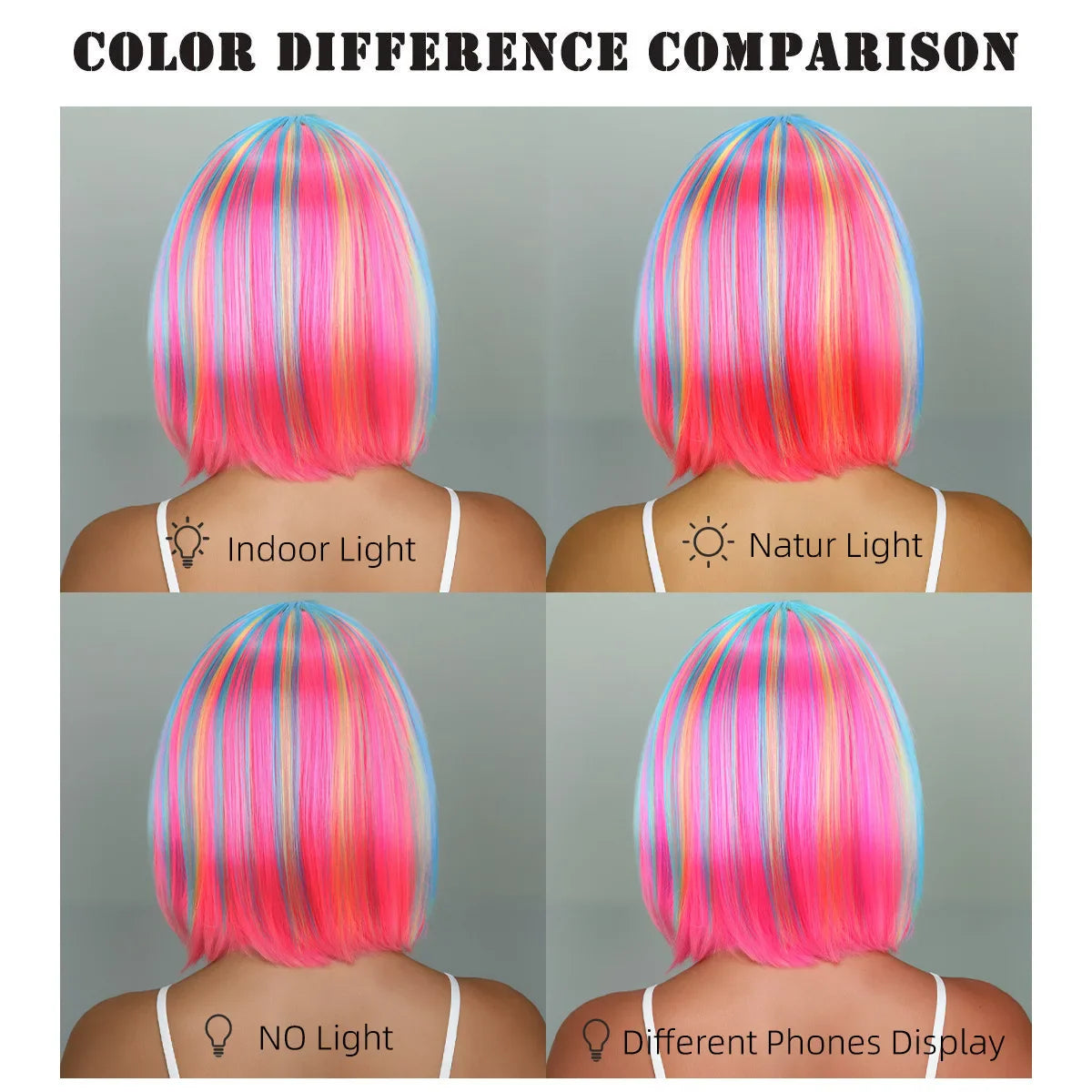 Perruque synthétique multicolore arc-en-ciel pour fêtes quotidiennes, perruque cosplay Halloween, perruque coiffure bob, couvre-chef