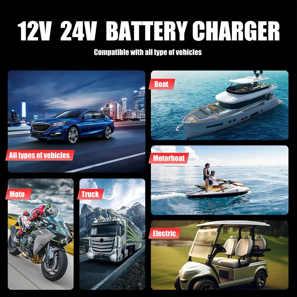 Portable 25A/15A Smart Car Battery Charger Car Booster Pulse Repair for 12V-24V Motorcycle Lead Acid AGM GEL LiFePo4 Batteries