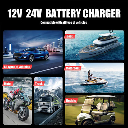 Portable 25A/15A Smart Car Battery Charger Car Booster Pulse Repair for 12V-24V Motorcycle Lead Acid AGM GEL LiFePo4 Batteries