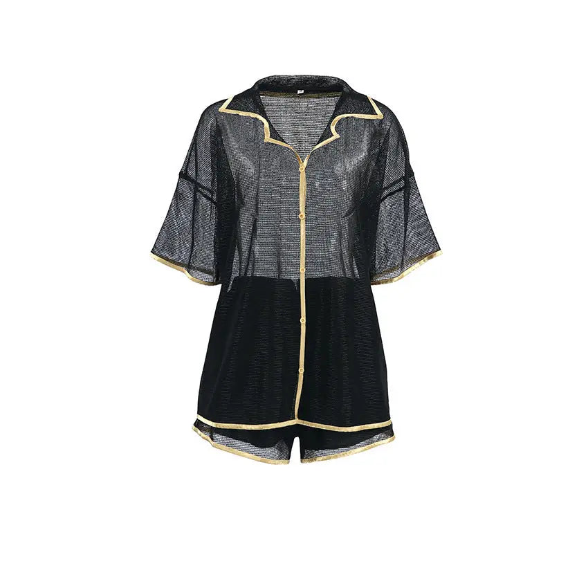 See-through Cardigan Pajamas Two-piece Set For Women