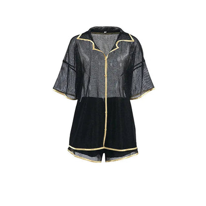 See-through Cardigan Pajamas Two-piece Set For Women