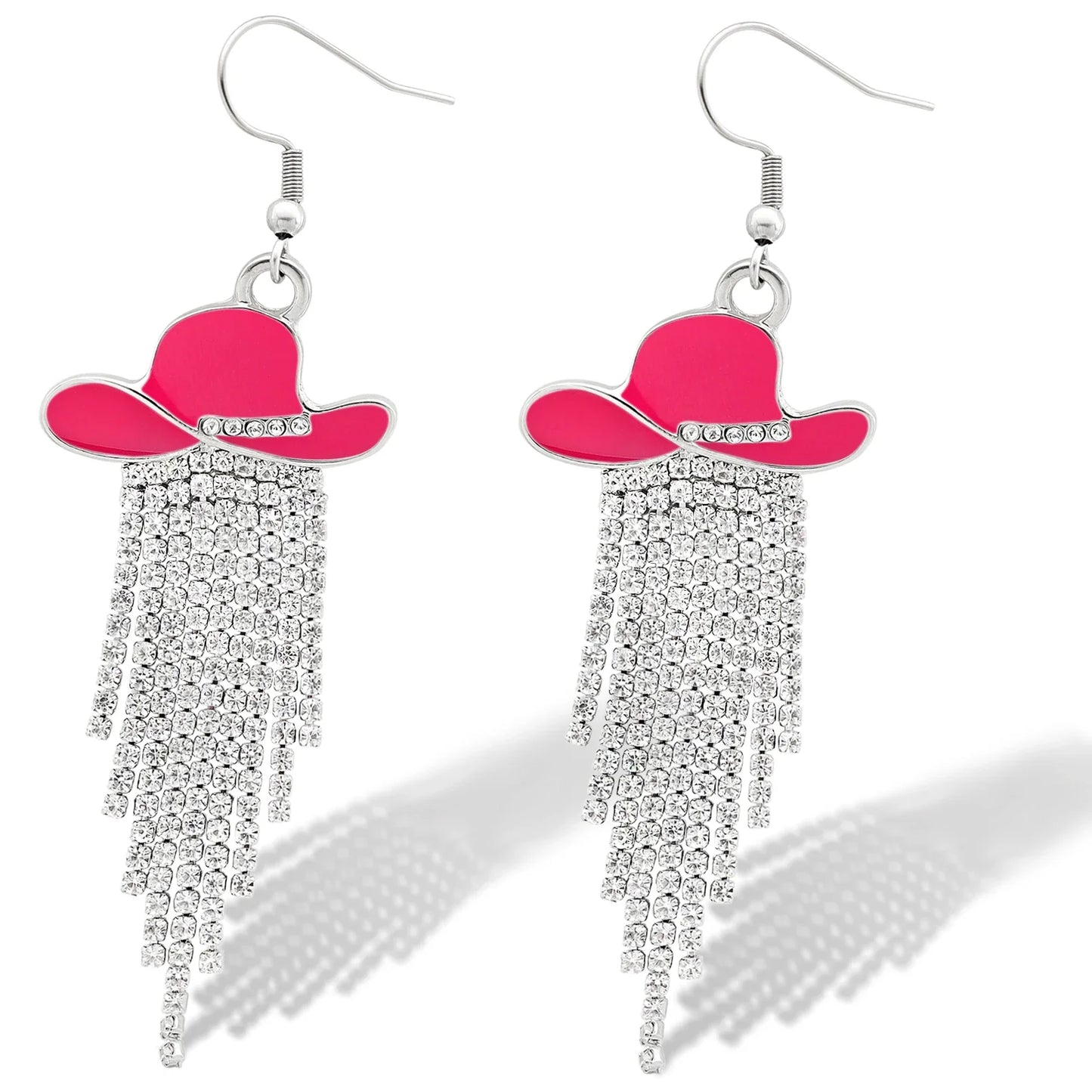 Boucles d'oreilles pendantes de cowgirl de l'Ouest, Chapeau en émail, Pendentif à pompon strass scintillant, Bijoux pour femmes pour bal, concerts country, rodéo, cow-boy