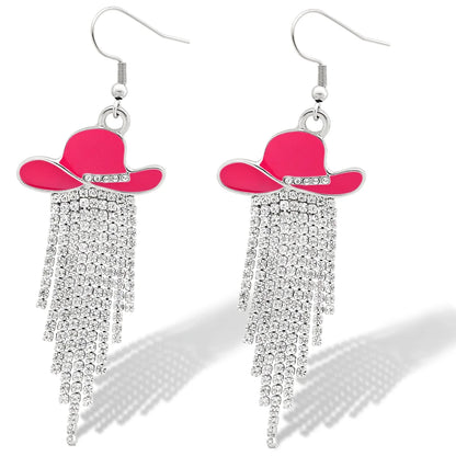 Boucles d'oreilles pendantes de cowgirl de l'Ouest, Chapeau en émail, Pendentif à pompon strass scintillant, Bijoux pour femmes pour bal, concerts country, rodéo, cow-boy