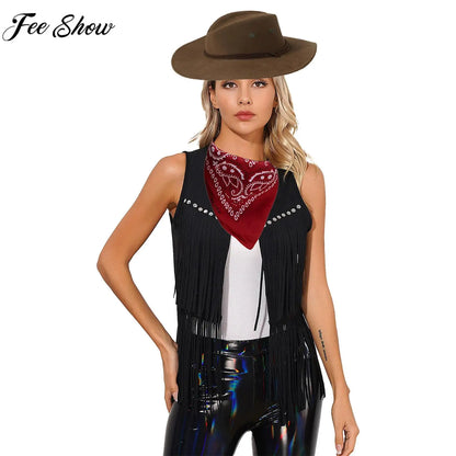 Women Cowboy Vest Halloween Party Western Cowgirl Cosplay Costume Faux Suede Tassel Fashion Rivets Waistcoat with Bandanna Hat