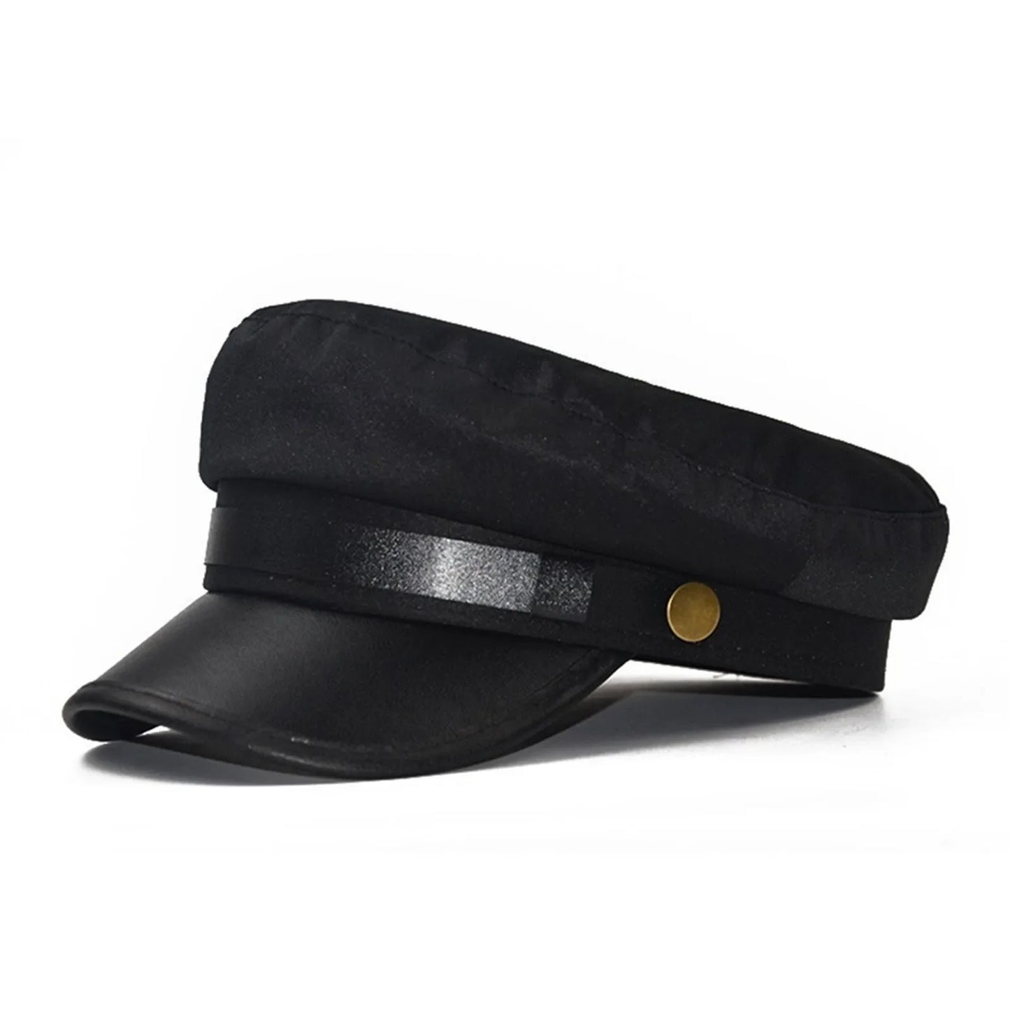 PU Leather Unisex Cycling Caps, Women Men Autumn Sailor Hat Black, Travel Student Hat, Flat Top Captain Hat