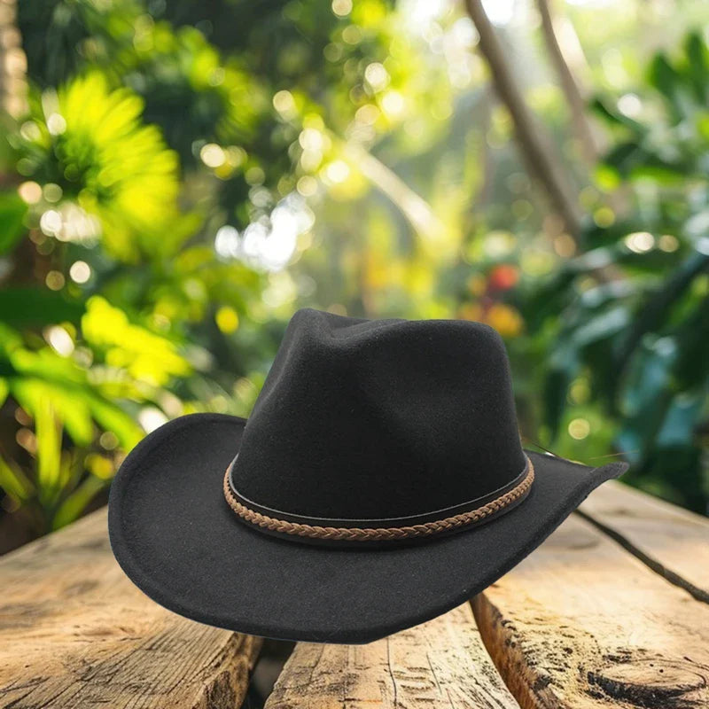 Chapeaux de cowboy classiques pour femmes et hommes, chapeaux de cowgirl rétro en feutre à large bord avec bande décorative