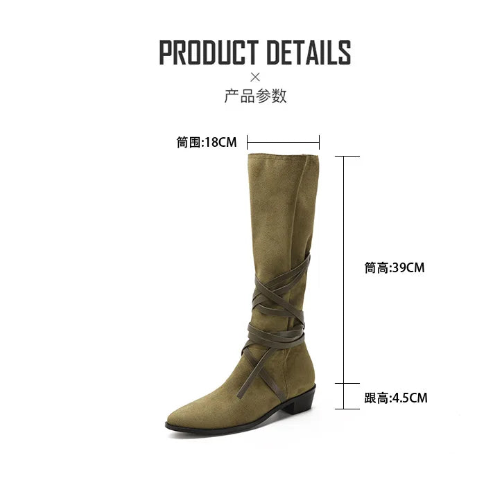 Matte Leather Gothic Western Cowboy Boots Women's Fashion Autumn New Style Pointed Toe Lace-up Retro High Top Flat Heel Boots