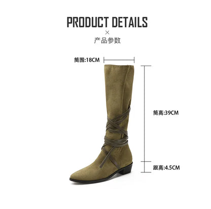 Matte Leather Gothic Western Cowboy Boots Women's Fashion Autumn New Style Pointed Toe Lace-up Retro High Top Flat Heel Boots