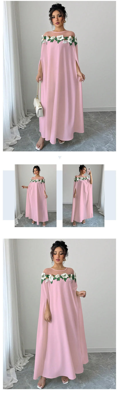 Robe longue de soirée élégante, à la mode, Chic, décoration florale, couleur unie, tempérament de printemps, robe longue ample