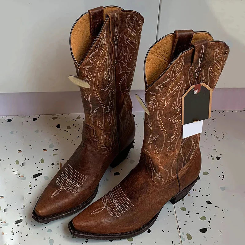 Women's boots genuine leather embroidery knee-length western cowboy boots high heels retro all-match knight fashion boots