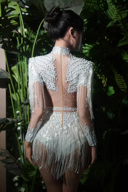 Body élastique à paillettes dorées et argentées avec pompons pour danse latine, tenue de scène, discothèque, DJ, chanteur, Q025Body élastique à paillettes dorées et argentées avec pompons pour danse latine, tenue de scène, discothèque, DJ, chanteur, Q025