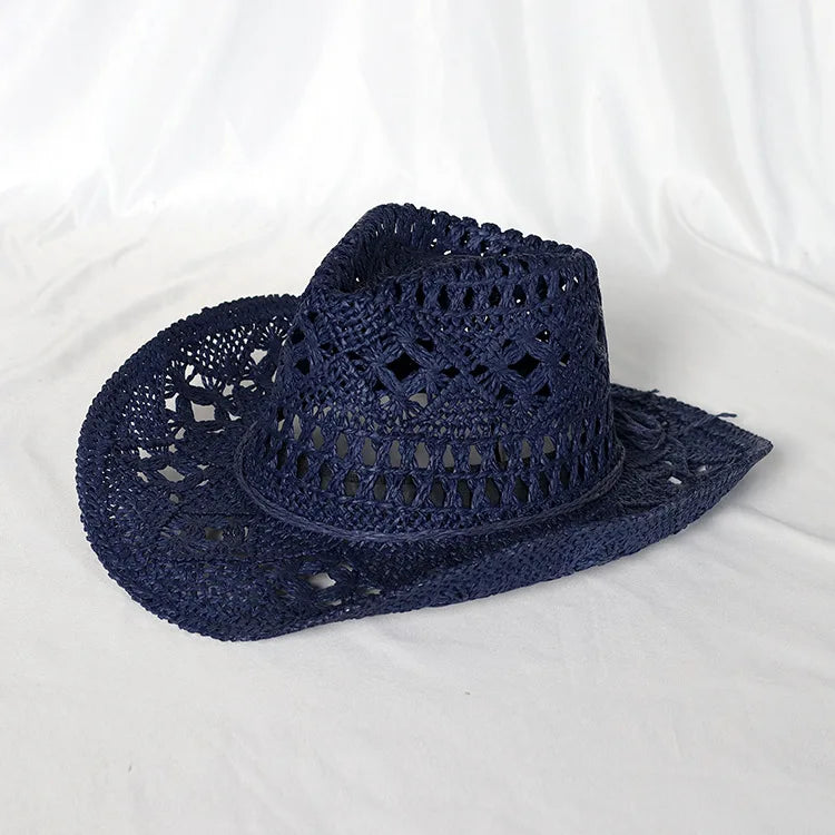 Chapeau de paille de cowboy vert matcha, tissé à la main, creux, pour hommes et femmes, chapeau de soleil d'été, chapeau de paille de cowboy occidental
