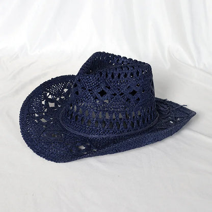 Chapeau de paille de cowboy vert matcha, tissé à la main, creux, pour hommes et femmes, chapeau de soleil d'été, chapeau de paille de cowboy occidental