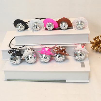 1Pcs Pink Cowgirl Cowboy Hat Disco Ball Neckalace 80s Silver Mirror Balls Pendant for Wedding Birthday Party Favors Decoration