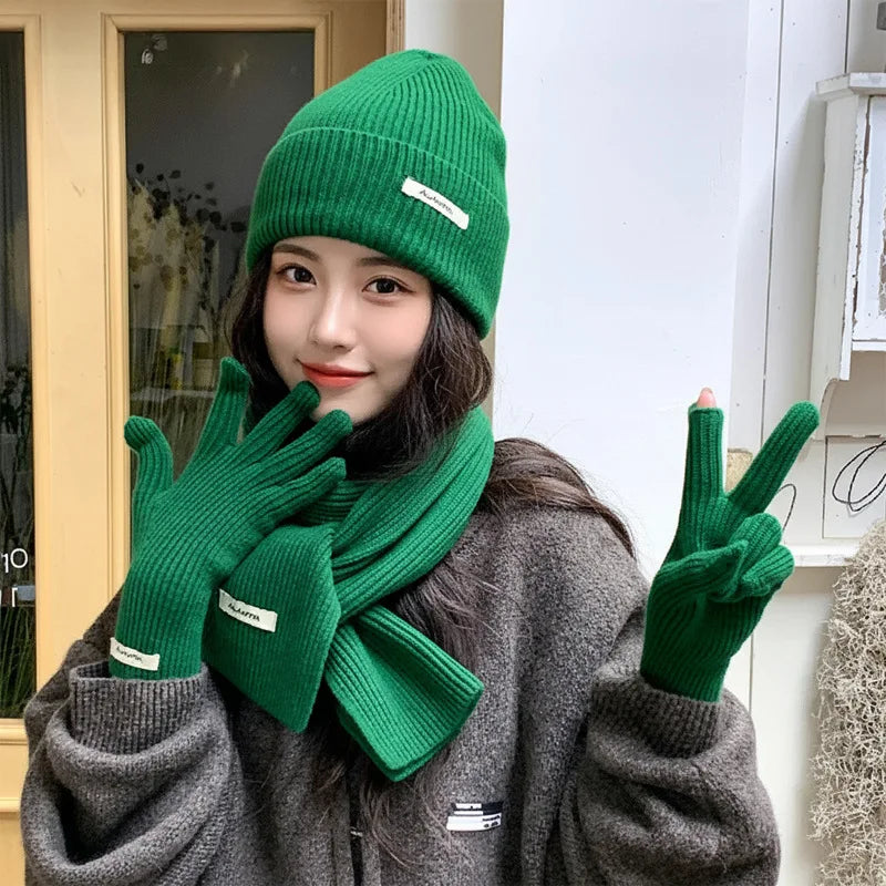 Ensemble chapeau, écharpe et gants en laine tricotée de couleur unie-ensemble de noël chaud du nouvel an rouge en faux cachemire automne/hiver