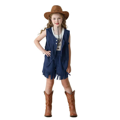 Costume de Cowboy pour filles, gilet à franges, Style bohème rétro, short en Denim occidental en velours pour filles, Costume Hippie